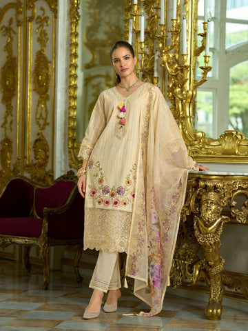 Varanga Women-Floral Motif Thread Embroidered Schiffli & Orangza Lace Detailed Kurta With Trouser & Dupatta